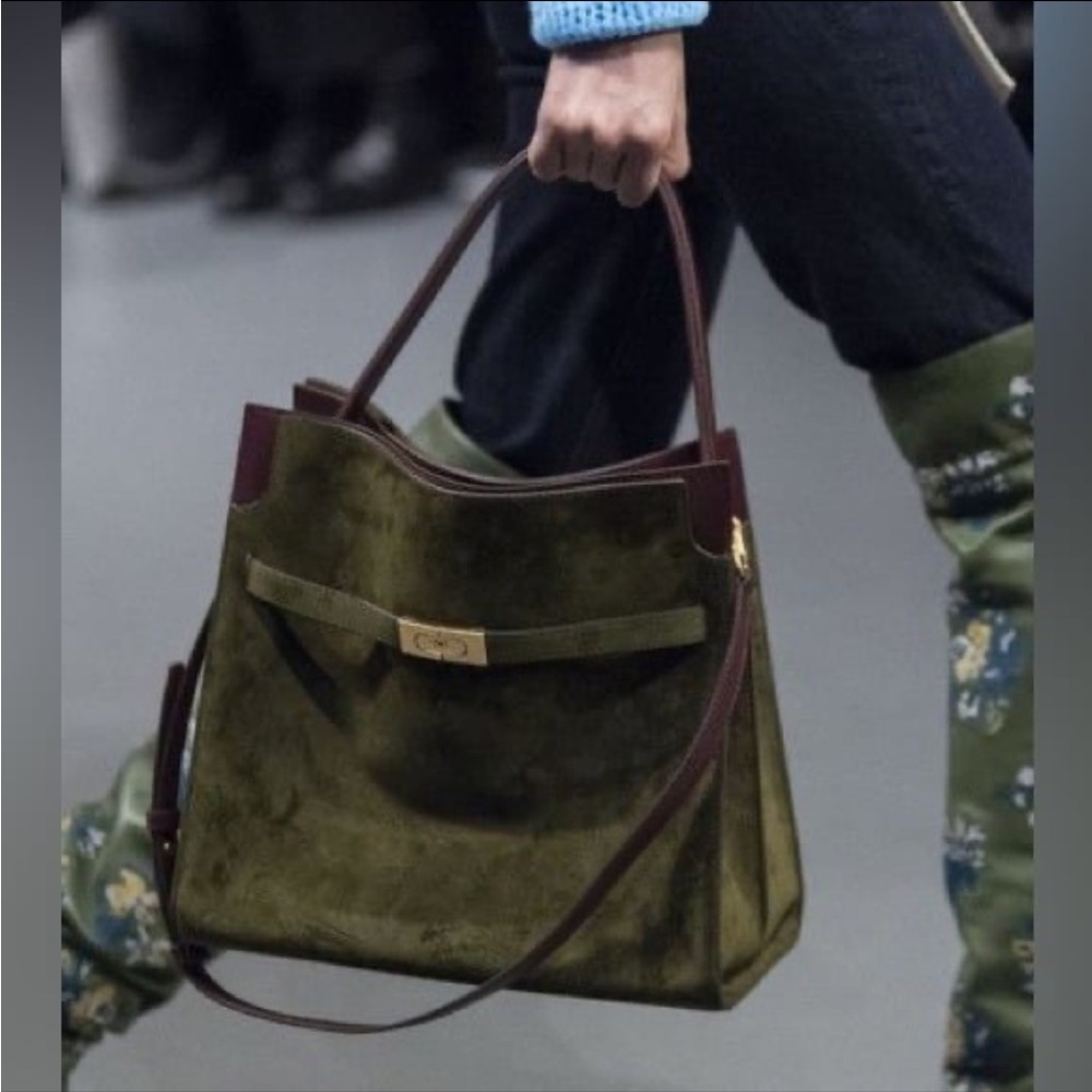 Tory Burch Large Lee Radziwill Olive Green Suede Satchel with Burgundy Trim - Picture 2 of 12